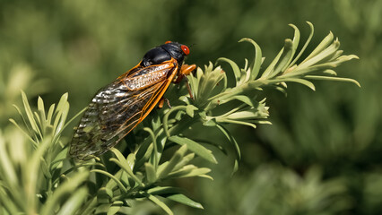 Close-up color photo of a beautiful vibrant red eyed cicada on a green plant against a soft burred de-focused green background with copy space.