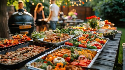 Obraz premium A vibrant outdoor buffet featuring an array of grilled vegetables and dishes, perfect for a summer gathering or party.