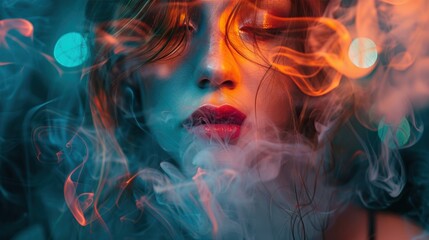A close-up portrait of a woman surrounded by colorful smoke effects, creating a moody and artistic...