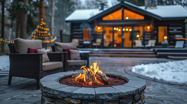 An outdoor fire pit surrounded by cozy chairs, with a log cabin and festive lights in the background during winter.
