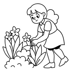 Female child hobbies to gardening line art vector illustration.