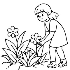 Cute Girl Planting in Line Art.