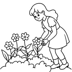 Cute Girl Planting in Line Art.