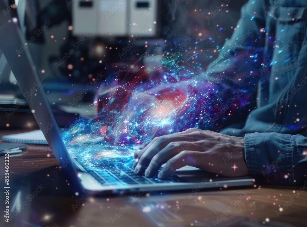 Poster A man is typing on his laptop, which has an abstract holographic projection of the universe and data flowing out of it