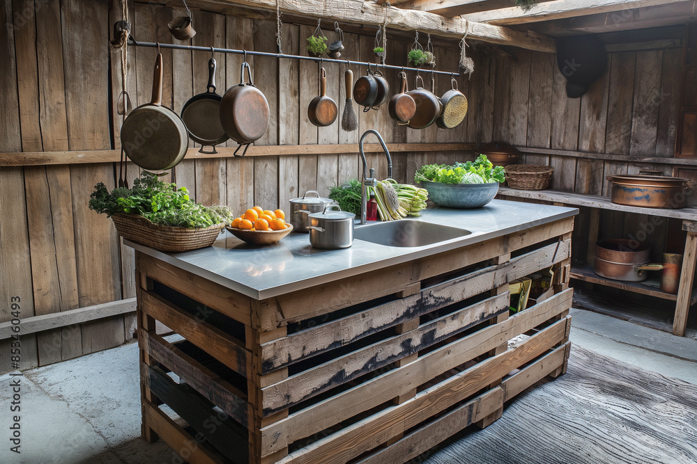 Wall mural A rustic kitchen with a wooden counter and a sink