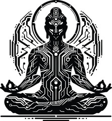 buddha silhouete with cyberpunk pattern illustration