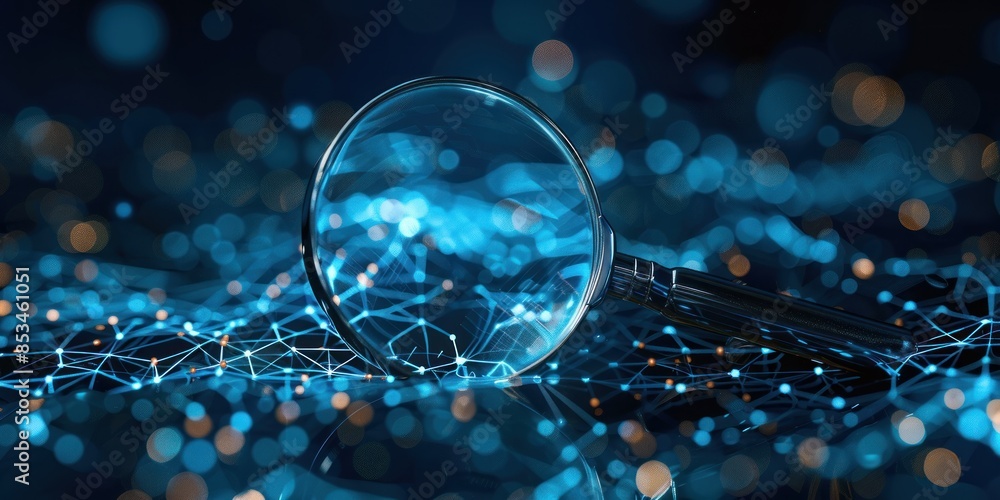 Poster a magnifying glass hovering over an intricate web of digital connections