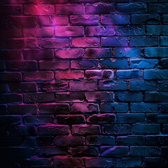 A brick wall with pink and blue lights