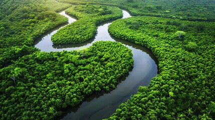 A breathtaking aerial view of a lush forest with a river winding through it