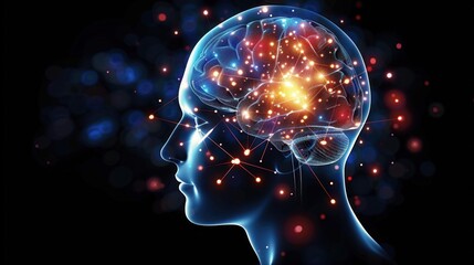 Obraz premium Digital illustration of a human head, showcasing a vibrant brain with active neural networks, representing cognitive function and brain activity, against a dark backdrop. 