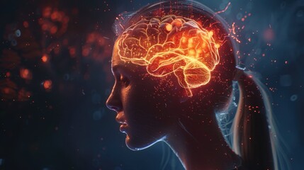 Obraz premium A digital side profile of a human head, featuring a highlighted brain with a glowing region, symbolizing active neurological function against a dark backdrop. 