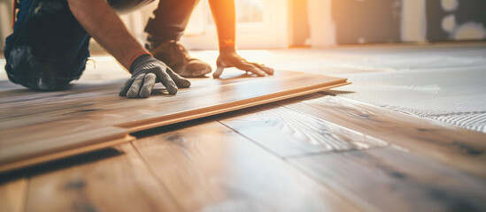 worker installing modern wood flooring in an empty room
