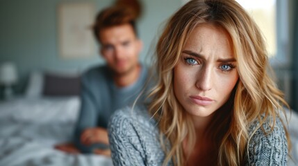 A troubled couple sits apart on a bed, both visibly upset and distant, amid palpable tension. The bright window behind them contrasts their dark mood, symbolizing hope amid despair.
