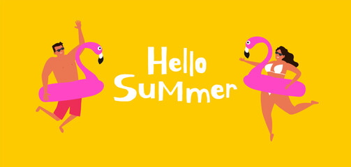 hello summer couple man and woman with inflatable pink flamingo on yellow background vector illustration 