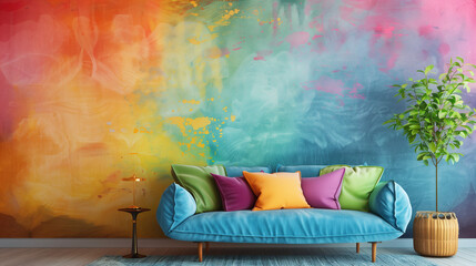 Rustic Textured Wall with Bold and Bright Color Washing Technique. Aged effect. Palette of blue, orange, pink, green, yellow with subtle variations. High-resolution. Matching furniture and decor.