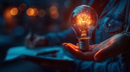 Capturing a moment of innovation, a hand clutches a luminous lightbulb. Behind them, another hand scribbles in a notebook, illustrating the essence of creative brainstorming and meticulous planning.

