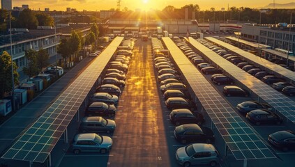 Obraz premium A long solar car park with cars parked under the sunset.
