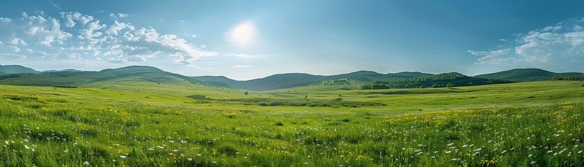 Fototapeta premium A wide panoramic shot of a lush green meadow with wildflowers, under a bright blue sky and sun, with rolling hills in the distance.