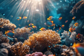 Obraz premium A stunning underwater scene featuring a vibrant coral reef teeming with colorful tropical fish, illuminated by beams of sunlight.