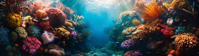 Naklejka premium A stunning underwater scene showcasing a colorful coral reef teeming with diverse marine life, illuminated by sunlight filtering through the clear blue water.