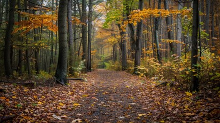 Fototapeta premium Path through a forest bursting with autumn hues, with leaves gently falling to the ground as the season changes