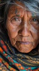 Close Up Portrait of an Elderly Indigenous Woman in Traditional Attire