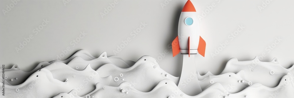 Poster toy rocket taking off from a bubbly surface - simplistic yet whimsical image of a toy rocket launchi