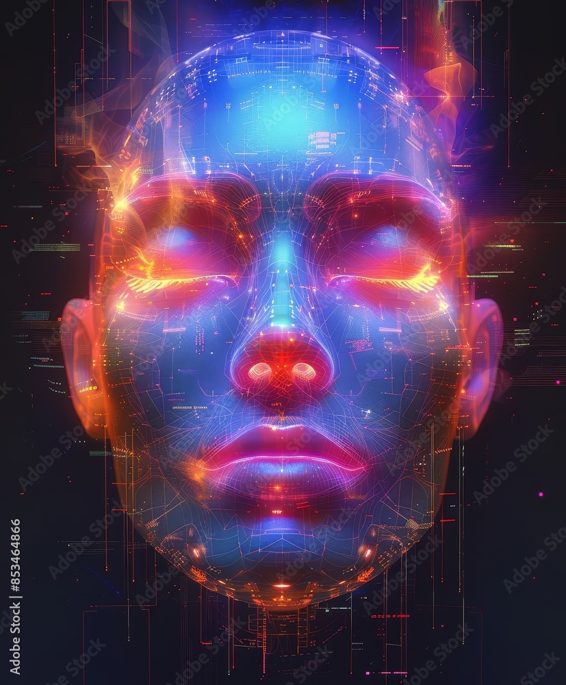 Poster futuristic digital face with circuits - the image shows a 3d model of a human face overlaid with glo