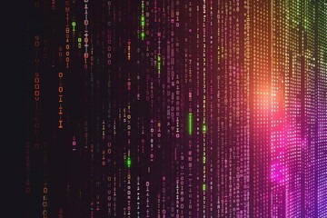 Digital Matrix Code with rainbow colors - The image depicts a digital matrix with a stream of binary code represented in various rainbow colors