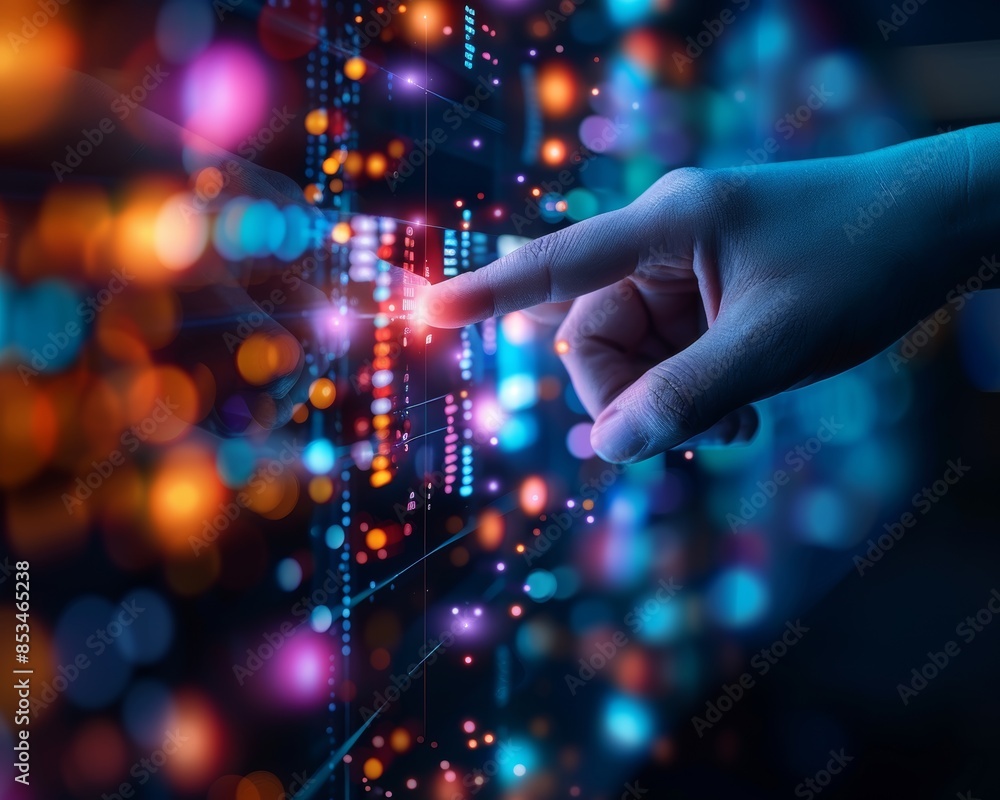 Aufkleber hand touching digital interface with vibrant data visualization, representing technology, data analy