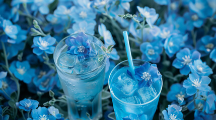 Cool wallpaper background of Nemophila flowers and drink