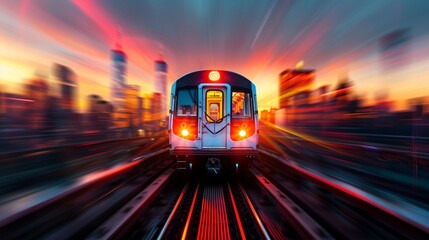 Speeding train in a vibrant cityscape at sunset. Captivating urban transportation and motion blur with vivid colors and high energy.