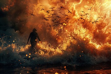 Dramatic Silhouette of Person Amidst Fiery Explosion with Birds in Flight Over Turbulent Waves
