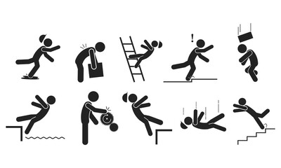 Bundle set isolated industrial accident injury pictogram, fall, trip, wet floor, worker above for caution sign