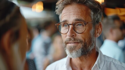 Men talking at networking event, sharing startup ideas and discussing new innovation at business conference.