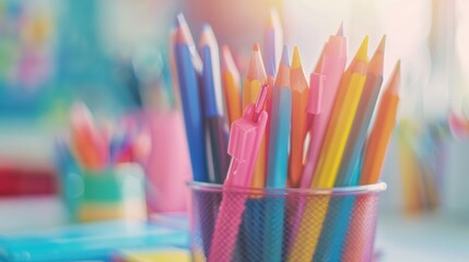 Obraz premium A collection of colorful pencils and markers in a holder, captured with soft focus and vibrant colors in a creative workspace.