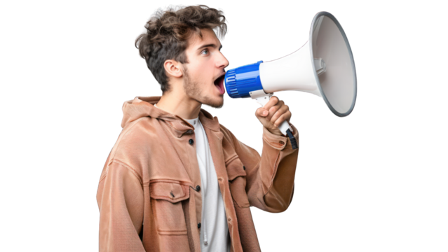 Handsome young man with megaphone cut out background