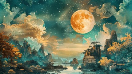 Fototapeta premium A fantasy landscape featuring a large, glowing full moon and starry sky, with mystical mountains and serene lakes.