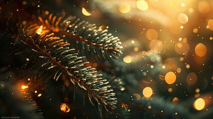 Close-up of pine branches adorned with glowing golden Christmas lights and bokeh, evoking a warm and festive holiday atmosphere.