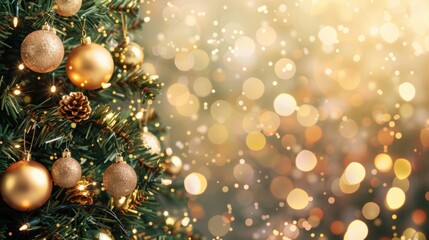 Gold ornaments and sparkling lights beautifully decorate a Christmas tree, with a shimmering bokeh background creating a festive ambiance.