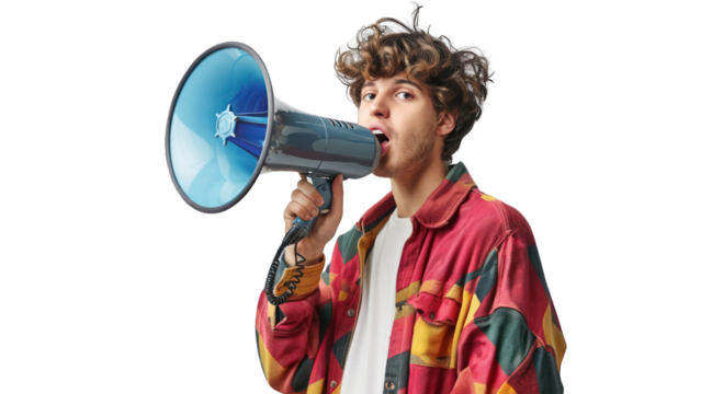 Handsome young man with megaphone cut out background