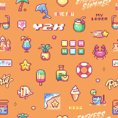 Pixel Art Summer Fun Seamless Pattern. 8 bit Retro Y2K Game Texture Background in Vibrant Orange