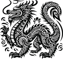  east dragon silhouete with Polynesian ethnic pattern illustration