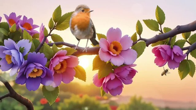 bird on a flower seamless looping animation video