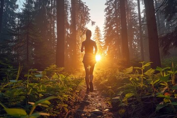 A woman jogs on a forest trail at sunrise, with sunlight streaming through the trees, creating a serene and invigorating atmosphere.