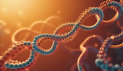 Holographic rendering of a DNA chromosomes representing digital, high-tech advances in medicine and human health in warm color tones