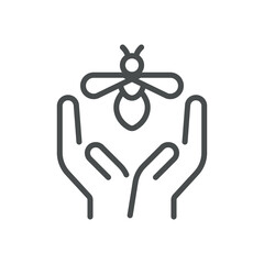 Taking Care of Bees Icon. Thin Line Illustration of Hands Gently Holding a Bee, Representing the Care and Protection of Bees. Isolated Vector on White Background.