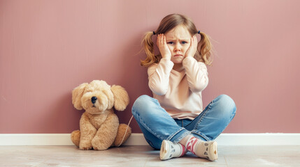 Sad cute autistic  girl sits covering her ears  on floor against  wall. Copy space