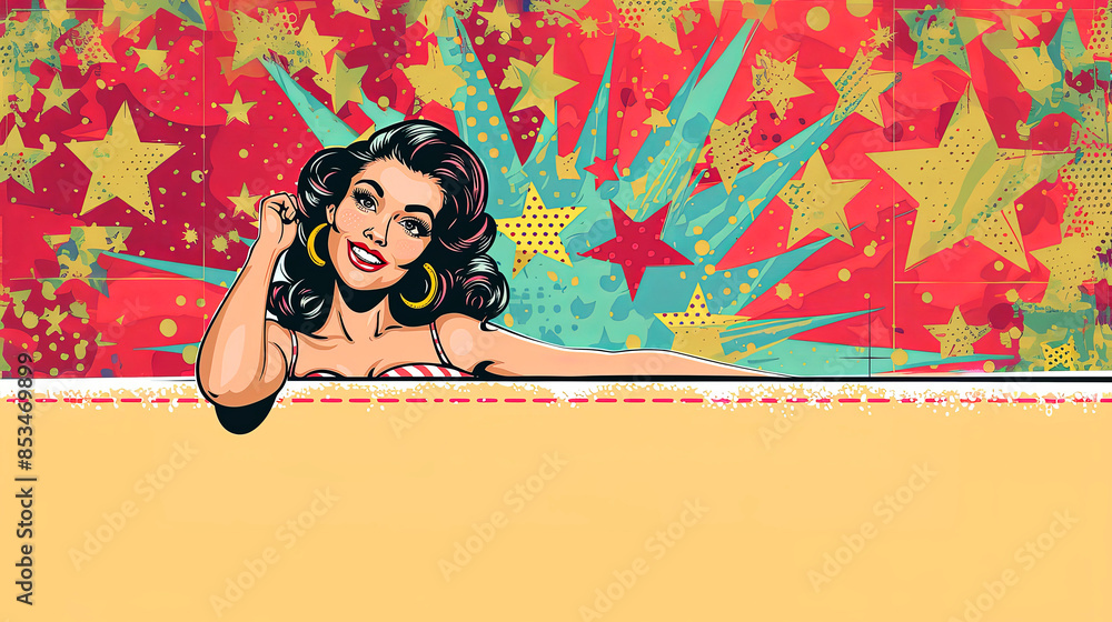 Wall mural pop art with woman in fashion dress and copy space. vintage banner