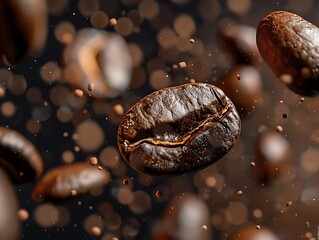 Coffee beans falling in the air close up